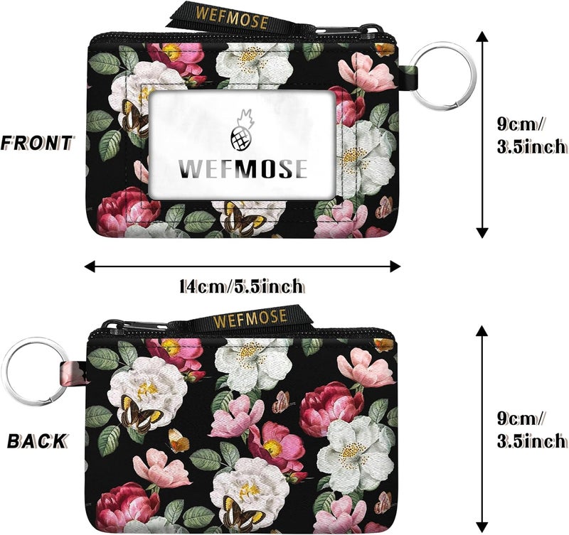 WEFMOSE Small Wallet Keychain with Clear ID Window Zipper Cute ID Case Coin Purse for Women Water Resistant Coin Pouch-Black Floral Keychain Wallet - Image 3